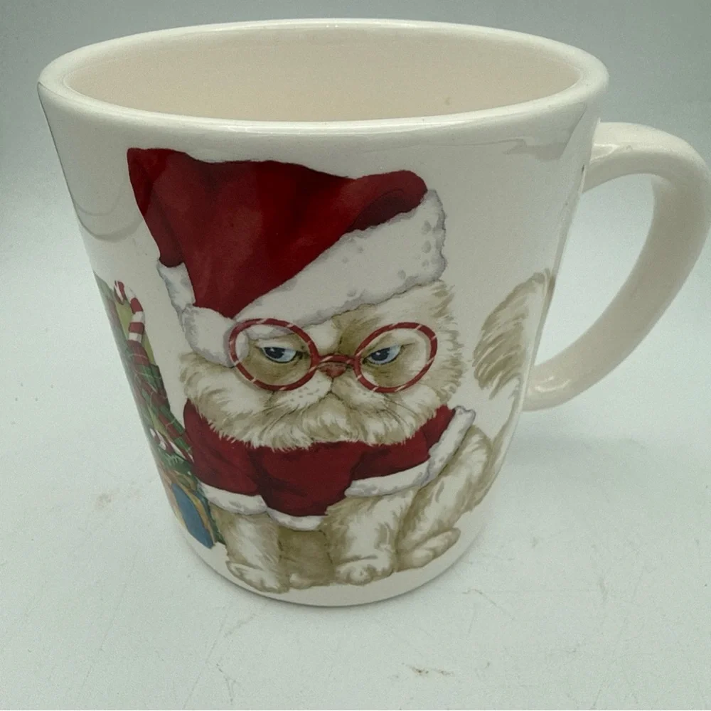 Pier 1 Ironstone Theodore Christmas Grumpy Cat 20oz coffee Mug Chipped